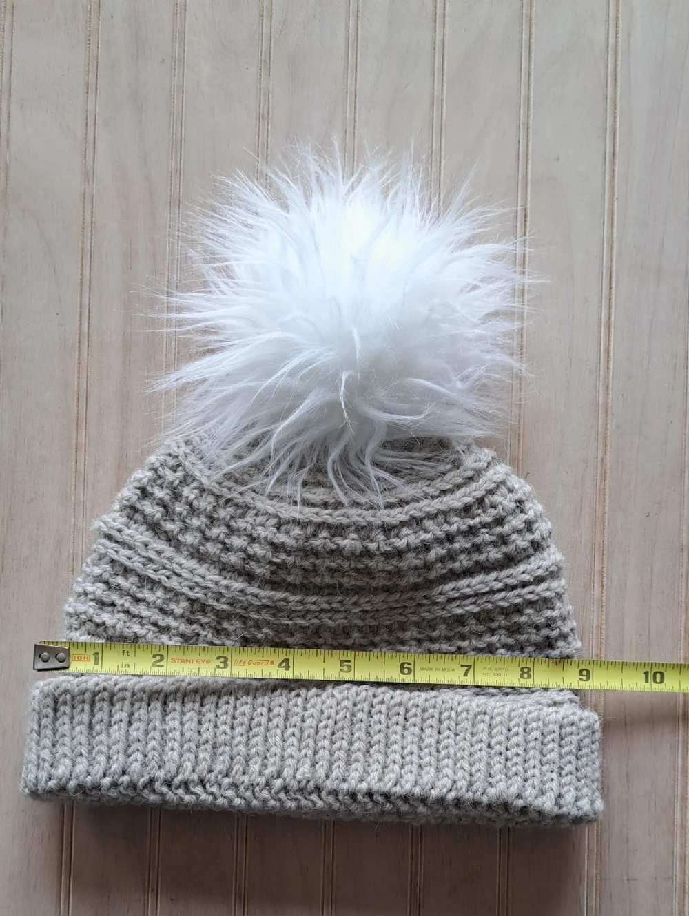 Wool Blend Knit Beanie Hat Faux Fur Pom Pom Winter Cozy Neutral Tan Girls